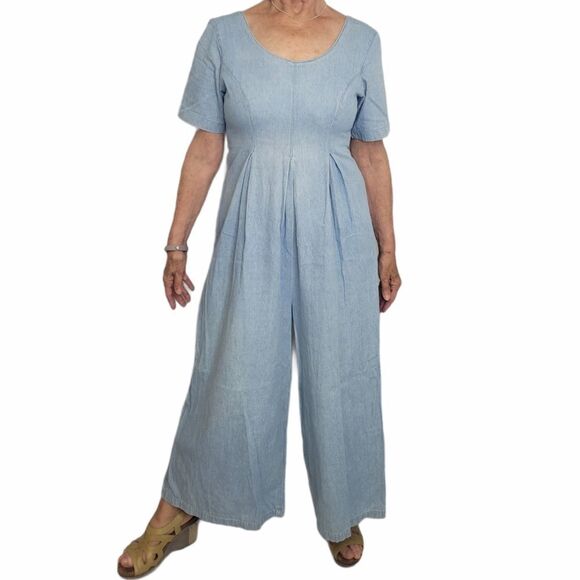 VINTAGE 80s jumpsuit denim chambray blue pleated wide leg denim‎ palazzo S - Picture 1 of 13
